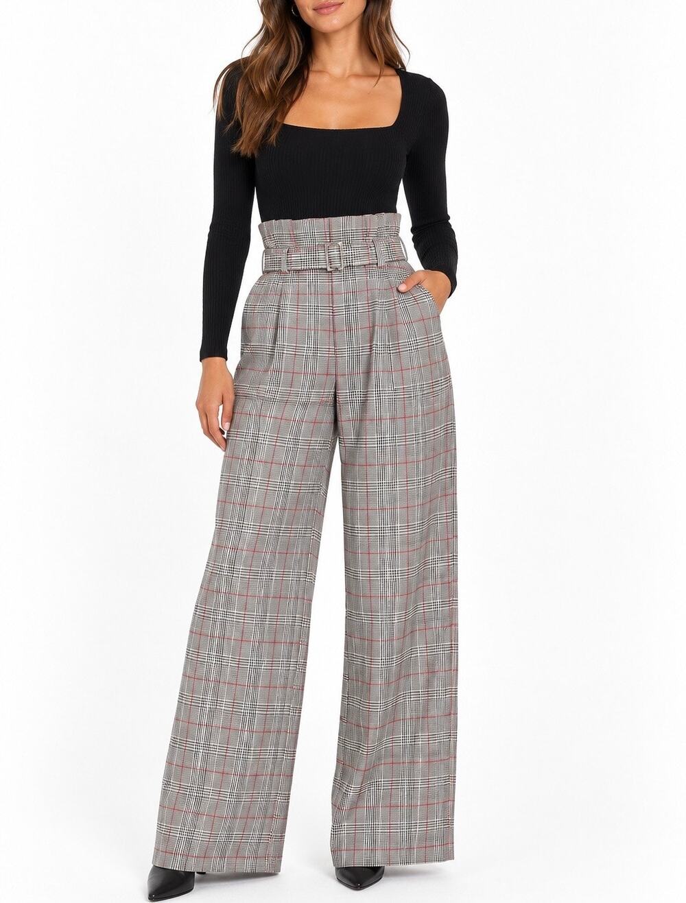 English Factory Glen Plaid Paperbag Waist Wide Leg Trousers Belted Medium